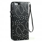 Wholesale iPhone 6 Plus 5.5 Diamond Flip PU Leather Wallet Case with Strap (Black)